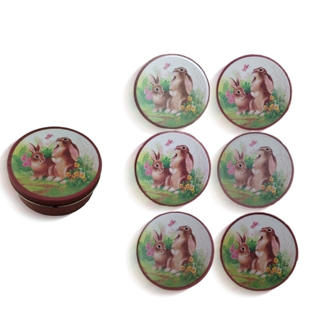 1970s Six Bunny Coasters With Lidded Tin